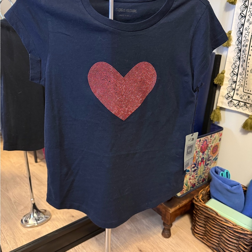 NWT Zadig and Voltaire Navy Blue/Red Embellishments Heart GraphicTop Small - Picture 2 of 6